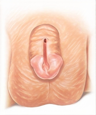 Il·lustració d’epispàdies amb la uretra oberta a la cara dorsal del penis.