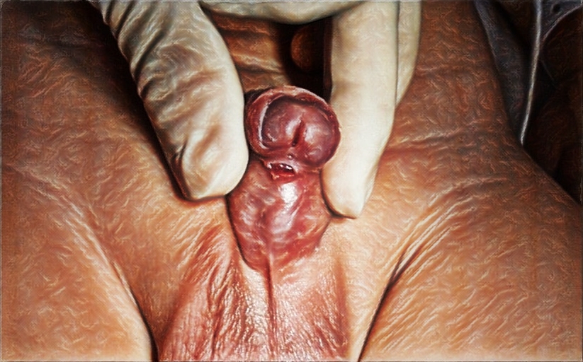 Il·lustració d’hipospàdies amb l’orifici uretral a la cara inferior del penis.