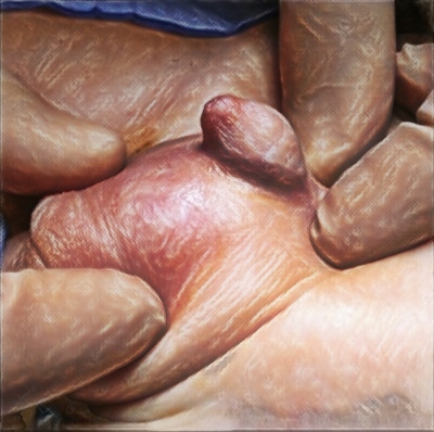 Il·lustració de penis palmat amb unió alta de la pell de l’escrot a la cara inferior del penis.
