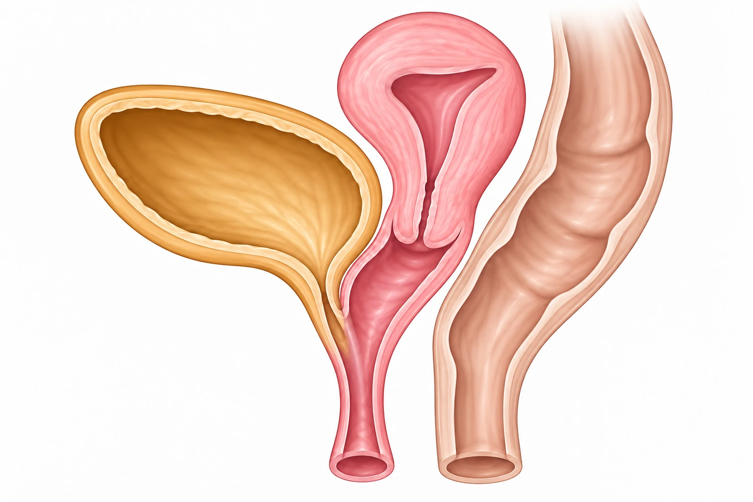 Il·lustració en tall sagital del sinus urogenital: bufeta de color ocre, uretra i vagina que conflueixen en un canal comú, amb l’úter i el recte separats.